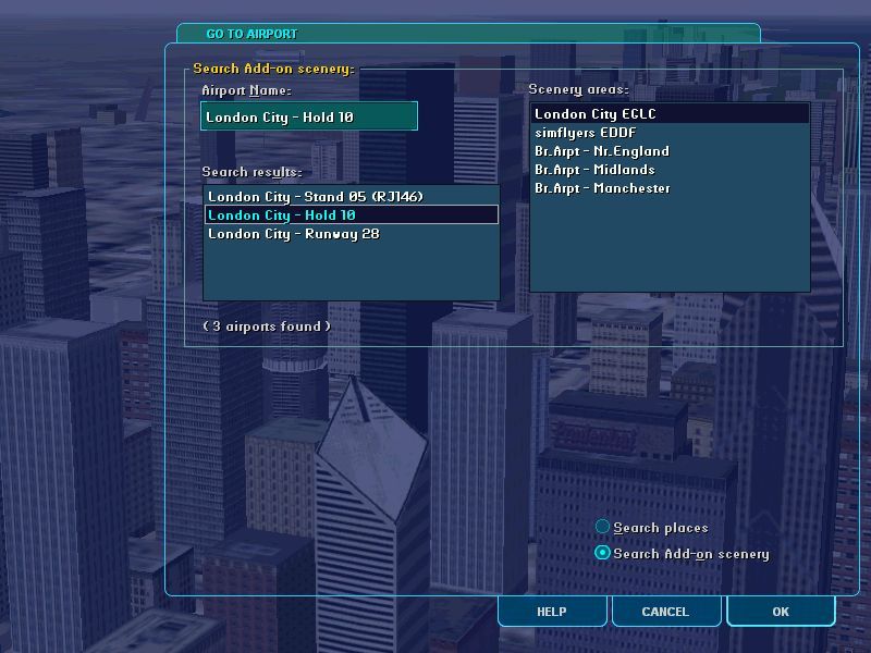 Dash 8-300 Professional (Windows) screenshot: This is the flight simulator's airport selection screen showing the three active locations at the London City airport