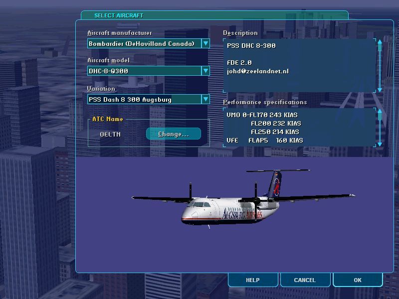 Dash 8-300 Professional (Windows) screenshot: This is the flight simulators menu for selecting aircraft showing one of the Dash 8-Q300 livery variations