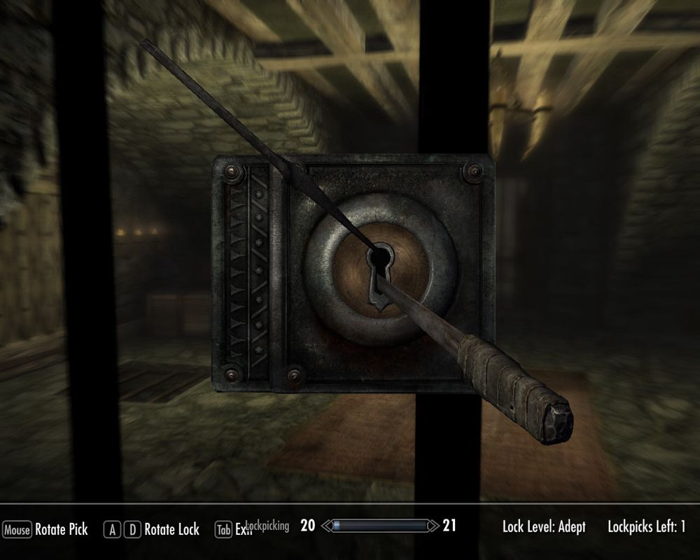 The Elder Scrolls V: Skyrim (Windows) screenshot: Lockpicking is similar to <moby game="fallout 3">Fallout 3</moby>. Personally, I prefer the Oblivion system