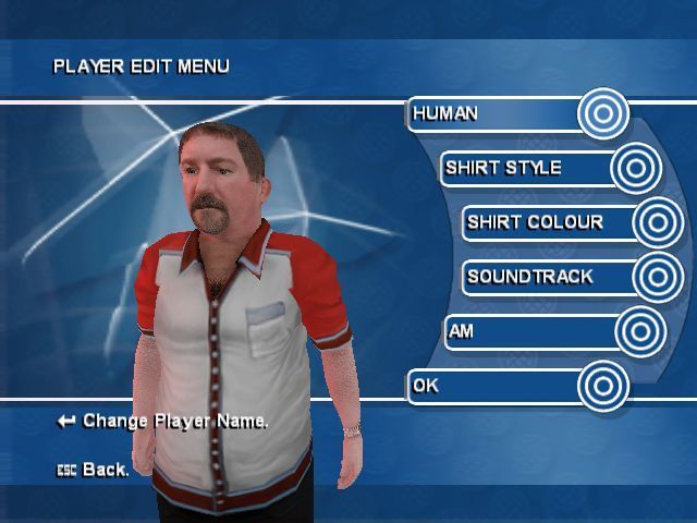 PDC World Championship Darts (Windows) screenshot: Career Mode starts with creating a new player via this menu. There's not a lot of scope here really, the style and colour of the shirt can be changed but not the player's face, shape etc