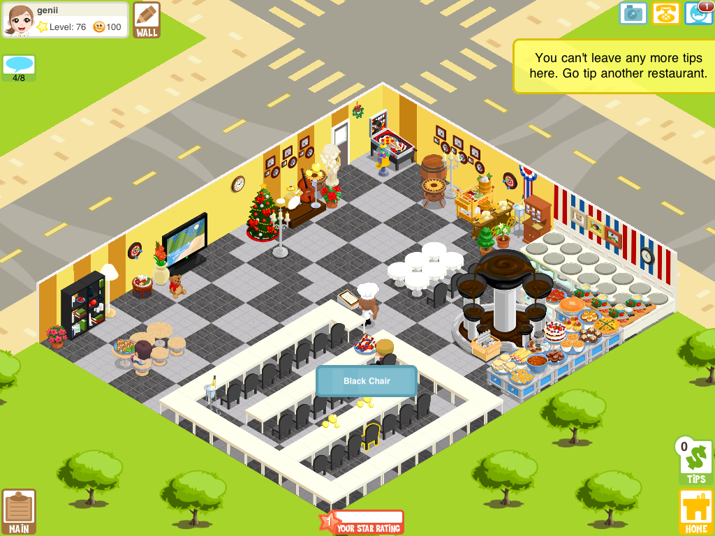 Restaurant Story (iPad) screenshot: You can tip other restaurants. And watch TV. And play with teddy bears! :)