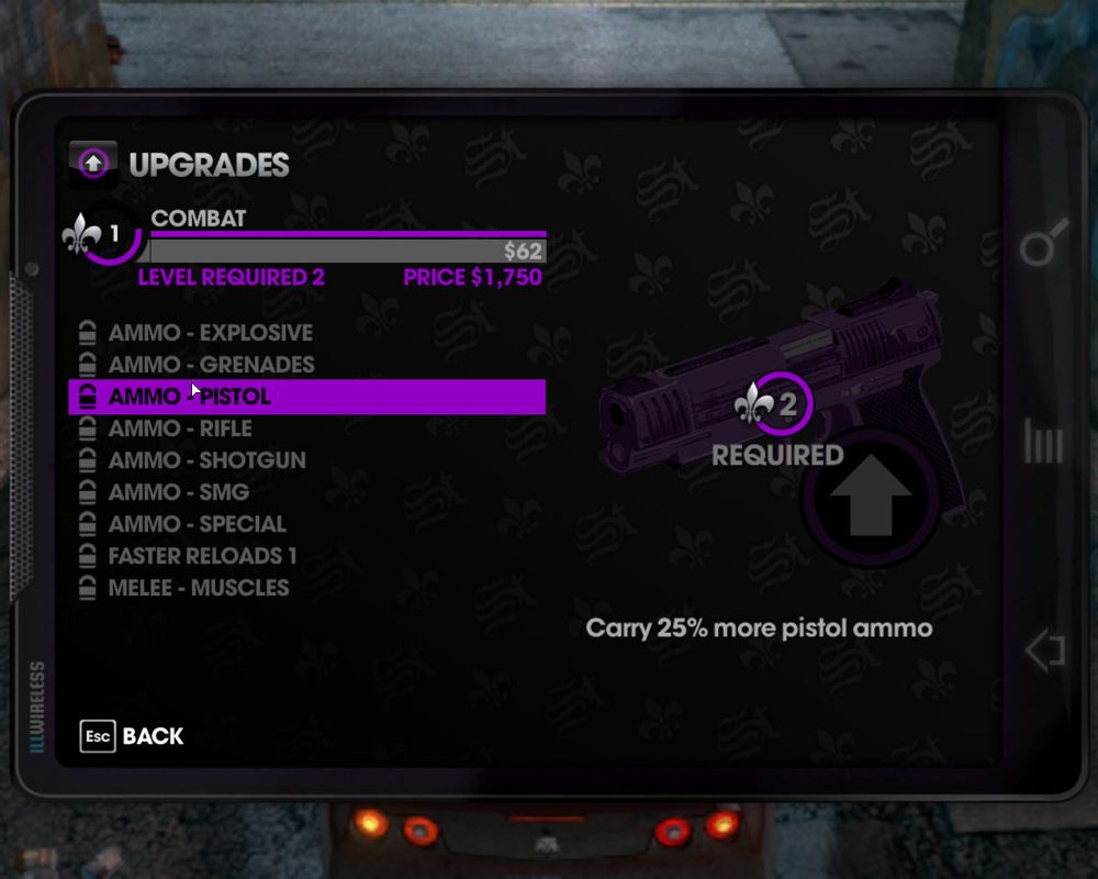 Saints Row: The Third (Windows) screenshot: Character menu. Upgrades are handles almost in a role-playing fashion