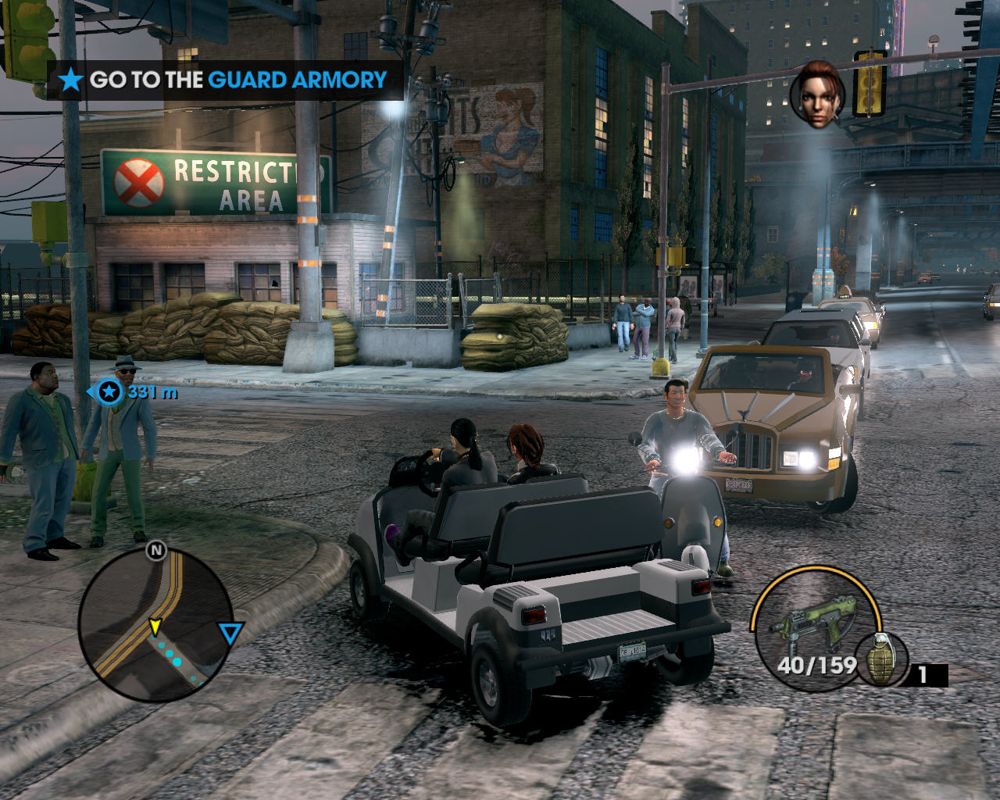 Saints Row: The Third (Windows) screenshot: Driving a funny-looking car, creating a traffic jam