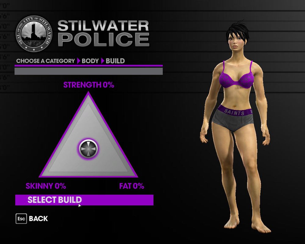 Saints Row: The Third (Windows) screenshot: Physical customization is extremely detailed. You can change anything from body build...