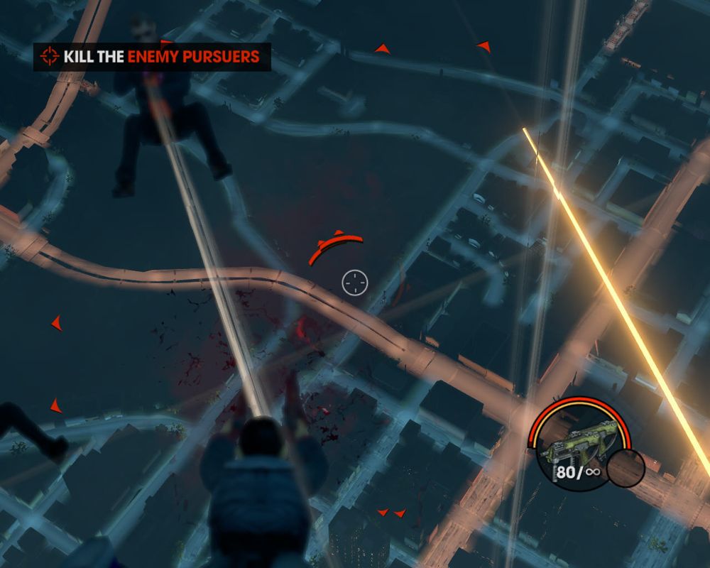 Saints Row: The Third (Windows) screenshot: Sky-diving and shooting enemies at the same time