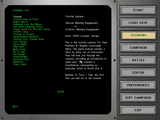 Steel Panthers III: Brigade Command - 1939-1999 (DOS) screenshot: The list of available campaigns