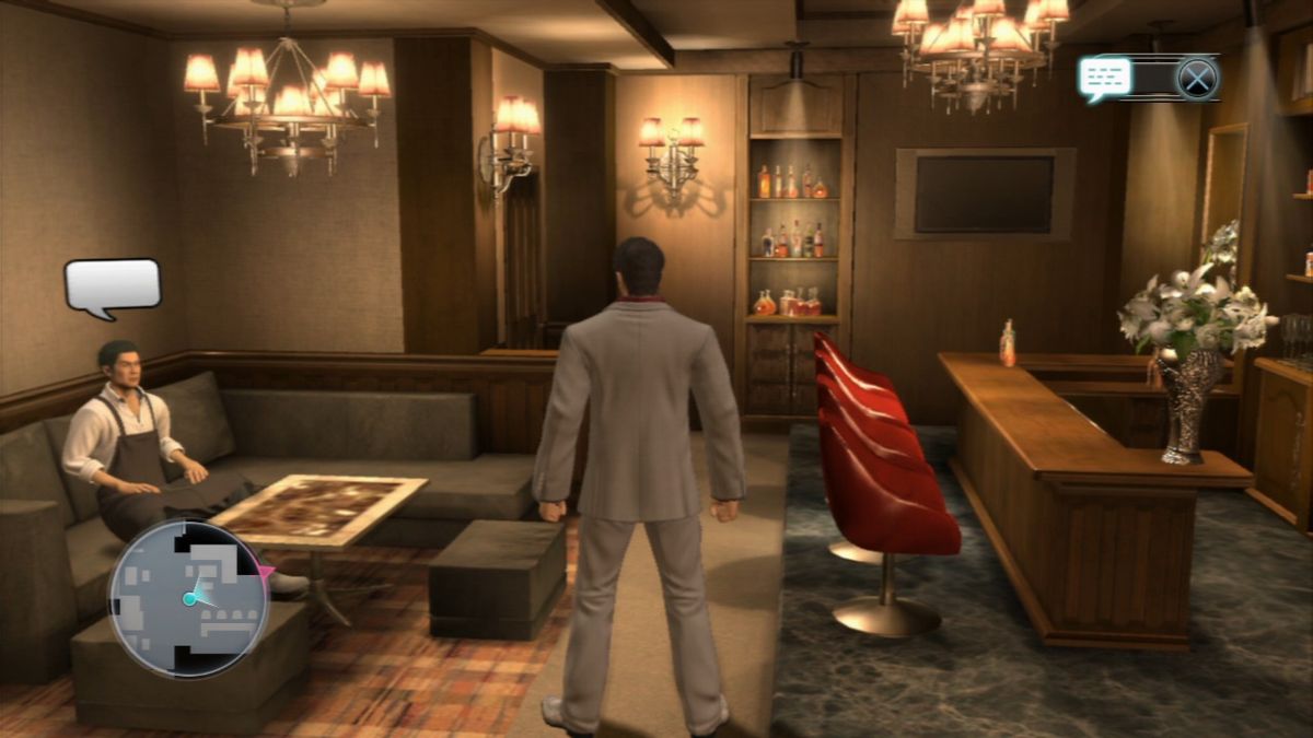 Yakuza 4 (PlayStation 3) screenshot: Meeting ex-detective Date at a familiar place doing the bartender's work.