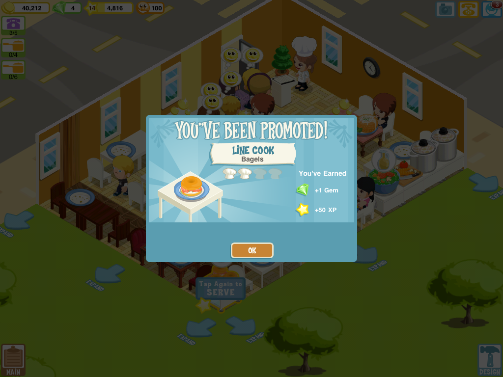 Restaurant Story (iPad) screenshot: I've been promoted! I've earned money and gems!