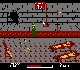 Chiller (NES) screenshot: You can shoot chained guys, operate the rack, and feed this guy to the croc.
