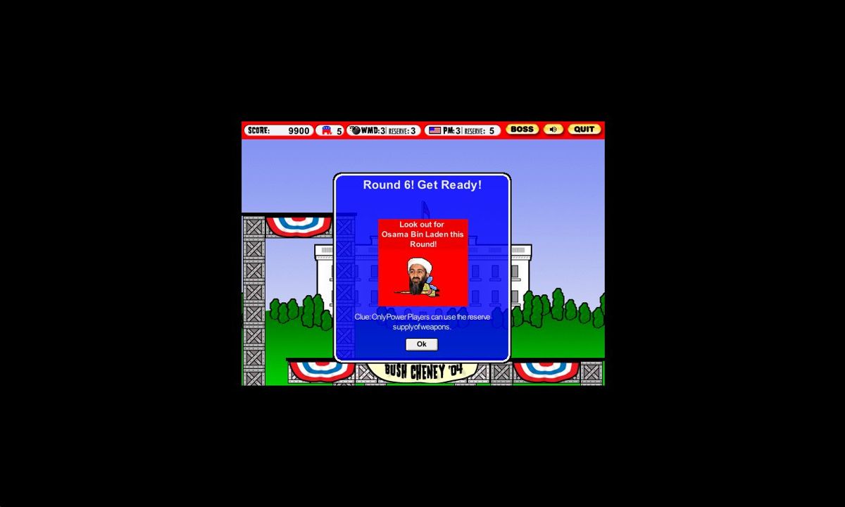 White House Joust (Windows) screenshot: Bush: another opponent... Oh wait! This one's different.. Ah! I remember: my sworn enemy!