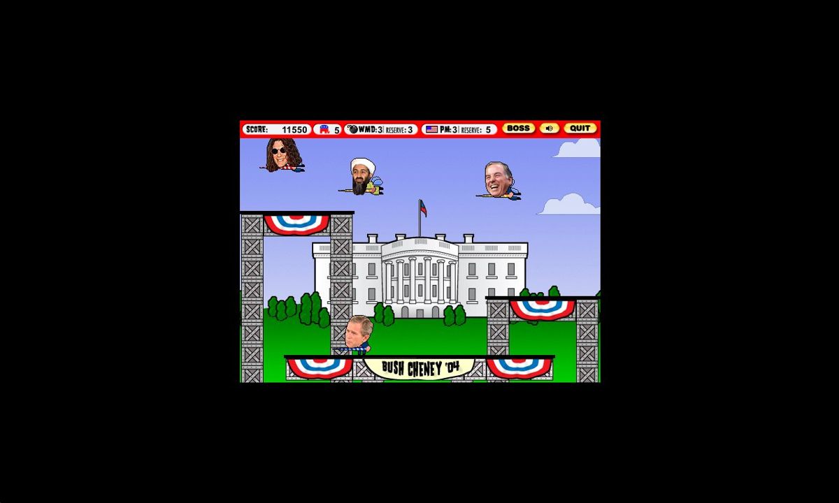 White House Joust (Windows) screenshot: Bush's dream (or nightmare?) finally comes TRUE: meeting Bin Laden face-to-face! >)