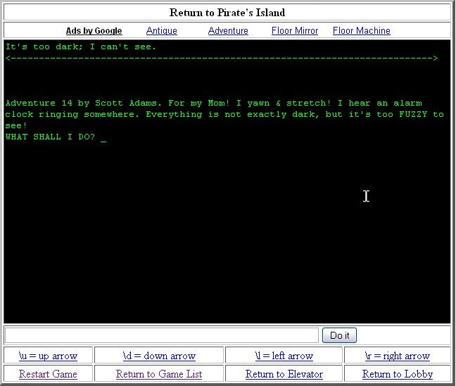 Return to Pirate's Isle (Browser) screenshot: Starting location (ifiction.org release)