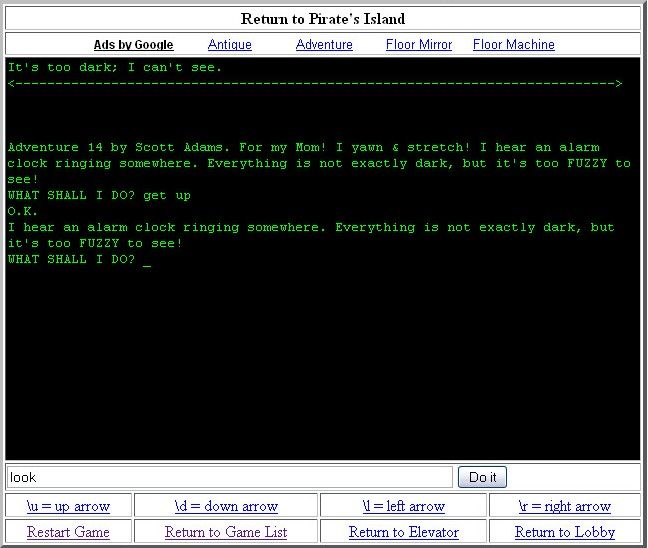 Return to Pirate's Isle (Browser) screenshot: I got up but everything is fuzzy. (ifiction.org release)