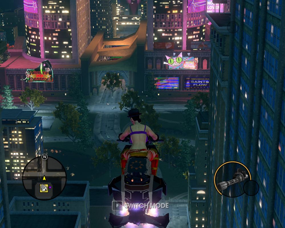 Saints Row: The Third (Windows) screenshot: Flying motorcycle, beautiful pink-purple neon-lit city... life is good!