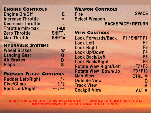 Wings: Saigon to Persian Gulf (Windows) screenshot: The control keys for the Thunderbolt
