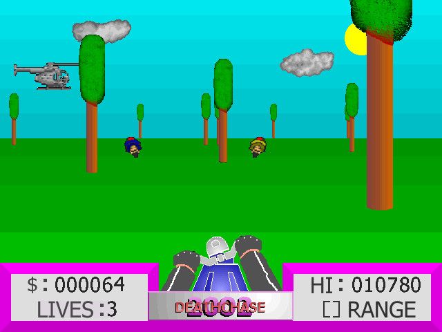 Deathchase 2002 (Windows) screenshot: Pursuing the enemy among the trees while a helicopter flies by.