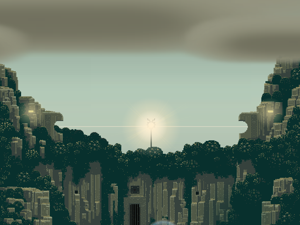 Superbrothers: Sword & Sworcery EP (iPad) screenshot: A light appears in the sky and a new entrance opens up.