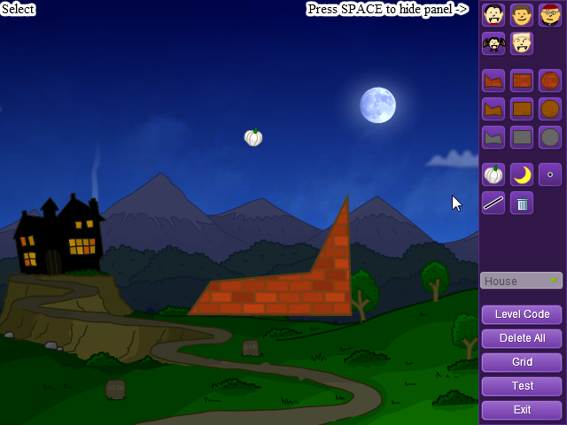 Vampire Physics (Browser) screenshot: Designing a custom level in the included level editor