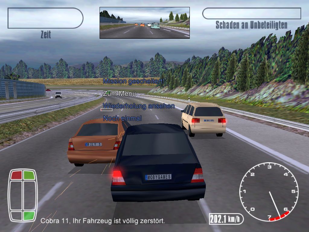 Alarm für Cobra 11 (Windows) screenshot: The car's motor has been manipulated: Cobra 11 has to stop, mission failed. Who wants to kidnap the secretary of state? And why?