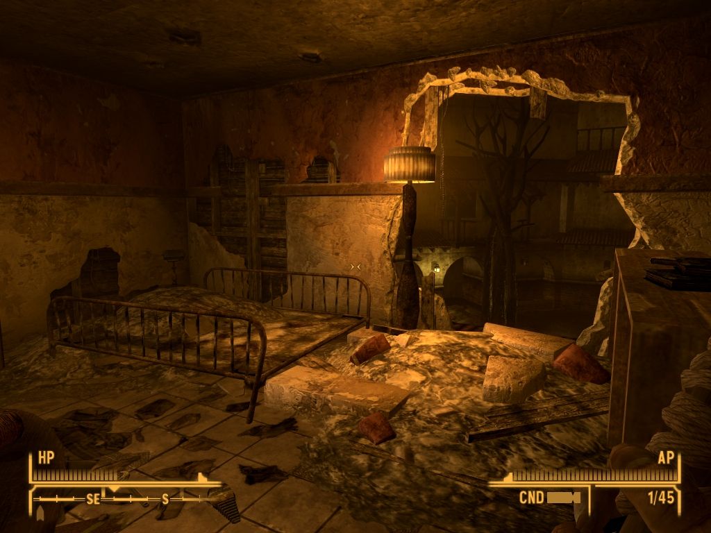 Fallout: New Vegas - Dead Money (Windows) screenshot: Look for holes in the walls. Sometimes they are only one way to reach your objective.