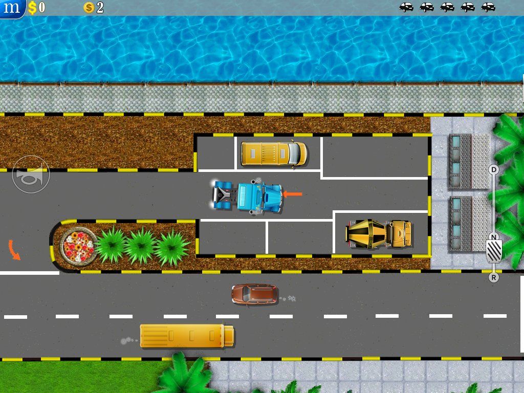 Parking Mania (iPad) screenshot: Backing a truck out of a tight parking lot.