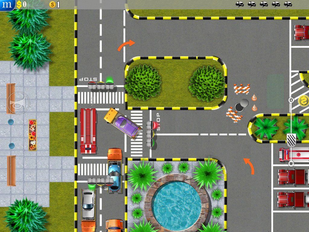 Parking Mania (iPad) screenshot: Running a red light with a car transporter, cutting right into regular traffic.
