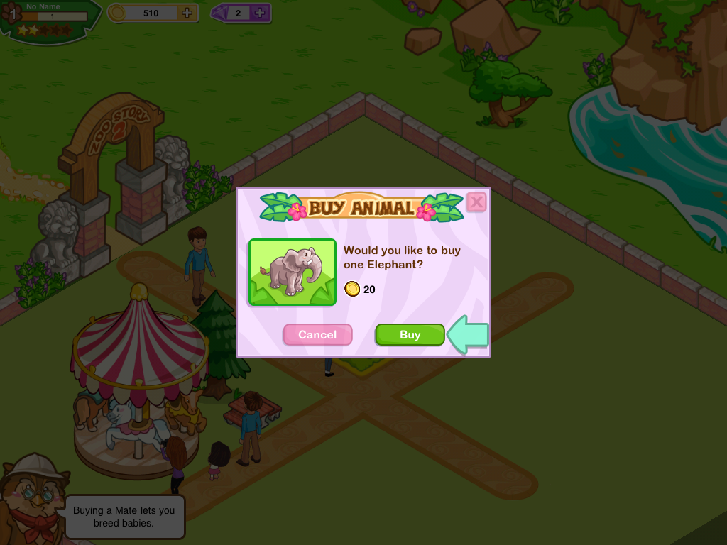 Zoo Story 2 (iPad) screenshot: "Buying a mate lets you breed babies" - so THAT's where they come from!