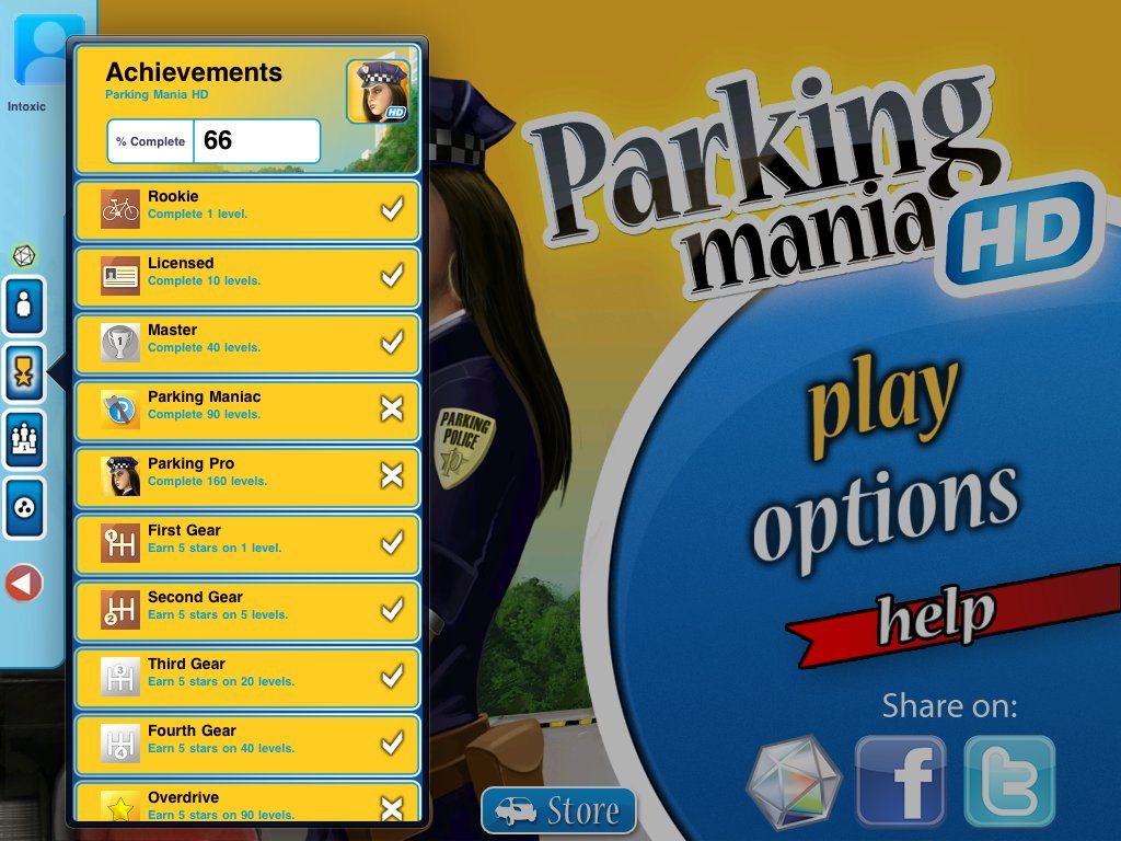 Parking Mania (iPad) screenshot: Crystal integration with achievements and leaderboards