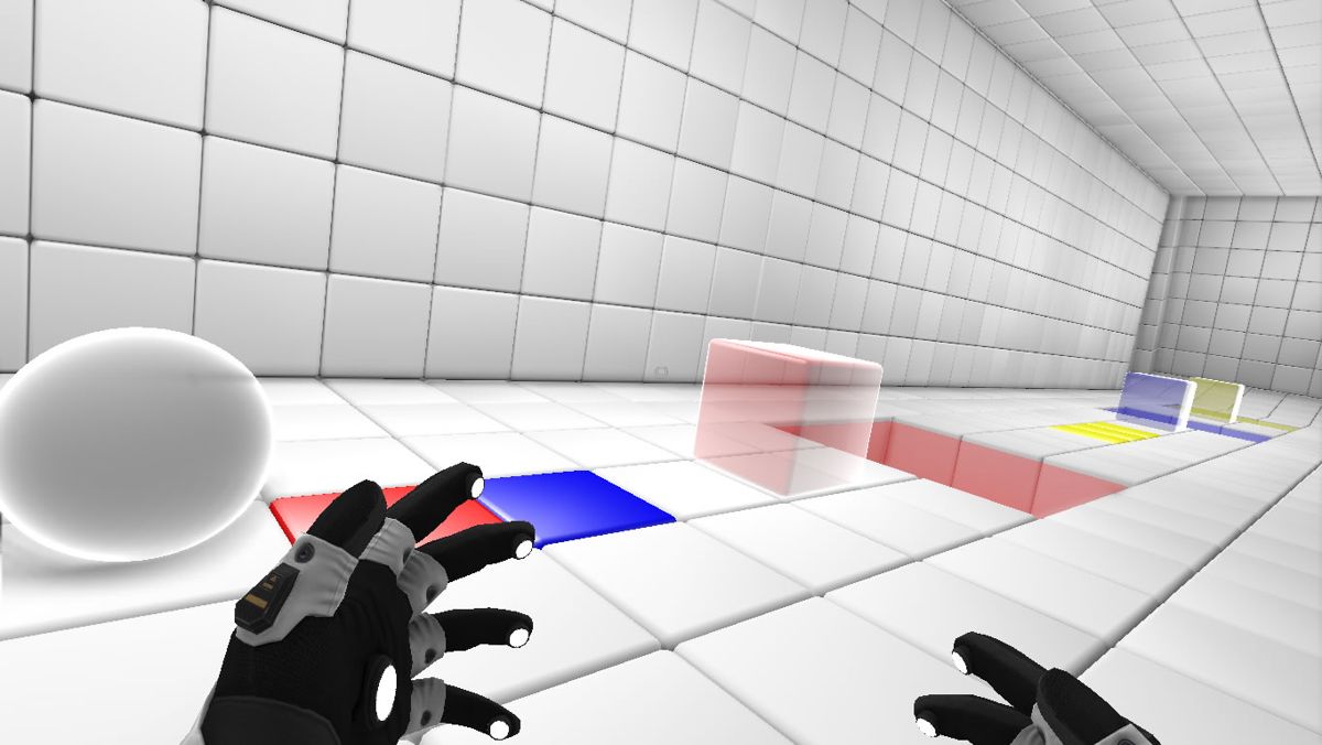 Q.U.B.E. (Windows) screenshot: Here the ball changes its colour based on the cube it runs through.