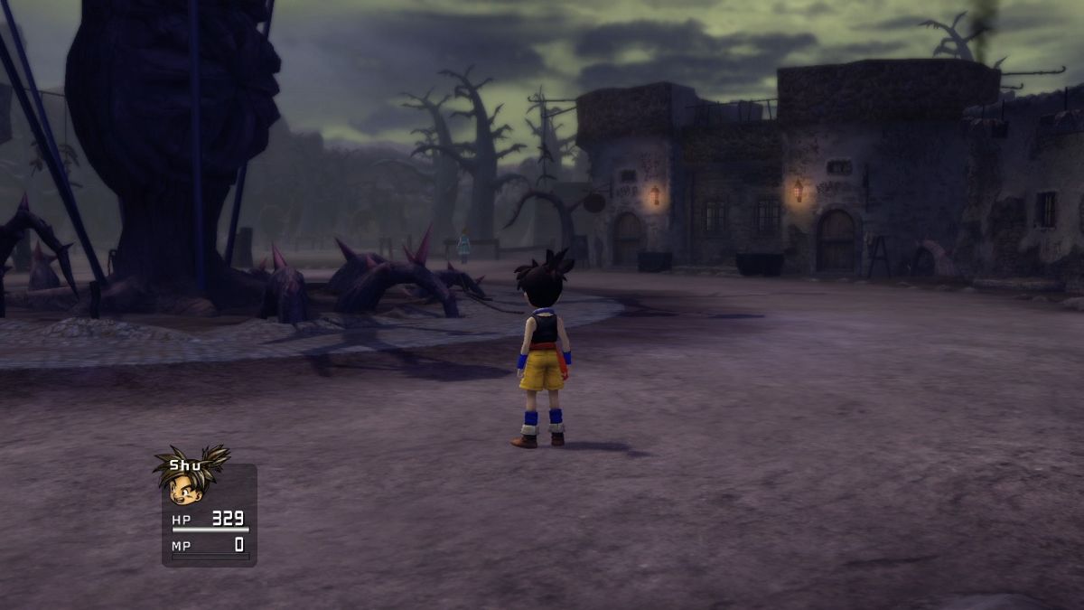 Blue Dragon (Xbox 360) screenshot: This tree looks ominous and is holding the entire village population captive.