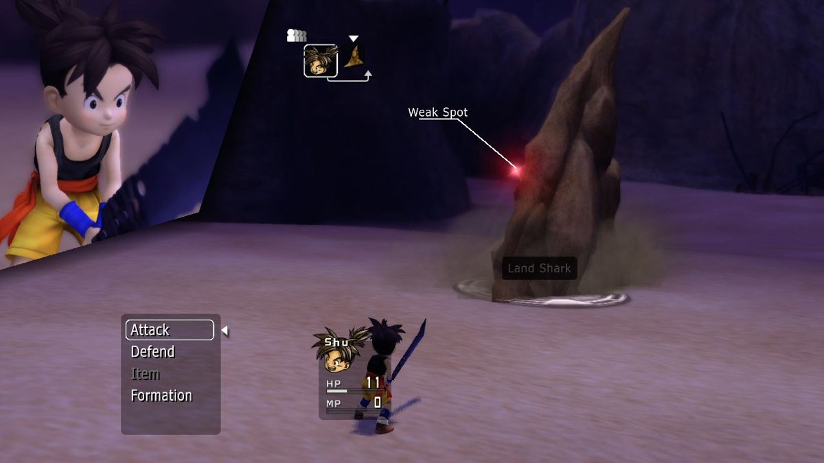 Blue Dragon (Xbox 360) screenshot: Shu has decided to stand up to the land shark that's been plaguing the village and took many lives over the years.