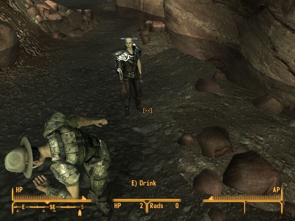 Fallout: New Vegas - Honest Hearts (Windows) screenshot: Trying the clean river water. No rads!