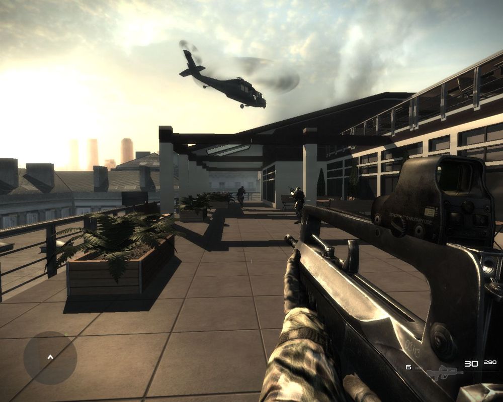 Code of Honor 3: Desperate Measures (Windows) screenshot: Entering the office building from its roof.