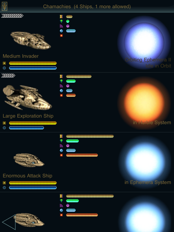Ascendancy (iPad) screenshot: Reviewing my starships.