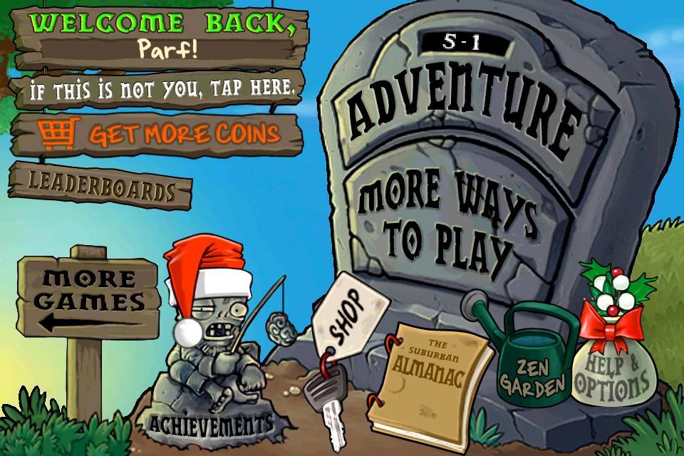 Plants vs. Zombies (iPhone) screenshot: The title menu, updated to fit the X-mas season.