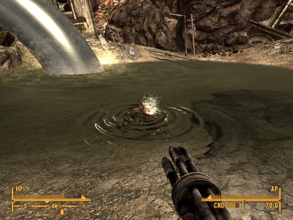 Fallout: New Vegas - Lonesome Road (Windows) screenshot: You can drink this, but the water is all radioactive here.