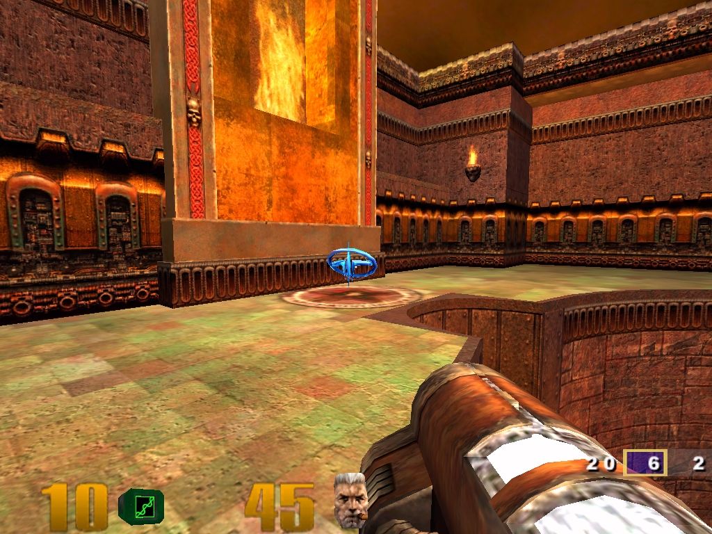 Quake III: Arena (Windows) screenshot: There's the "Quad Damage" power-up. Make sure you're the first to pick it up.