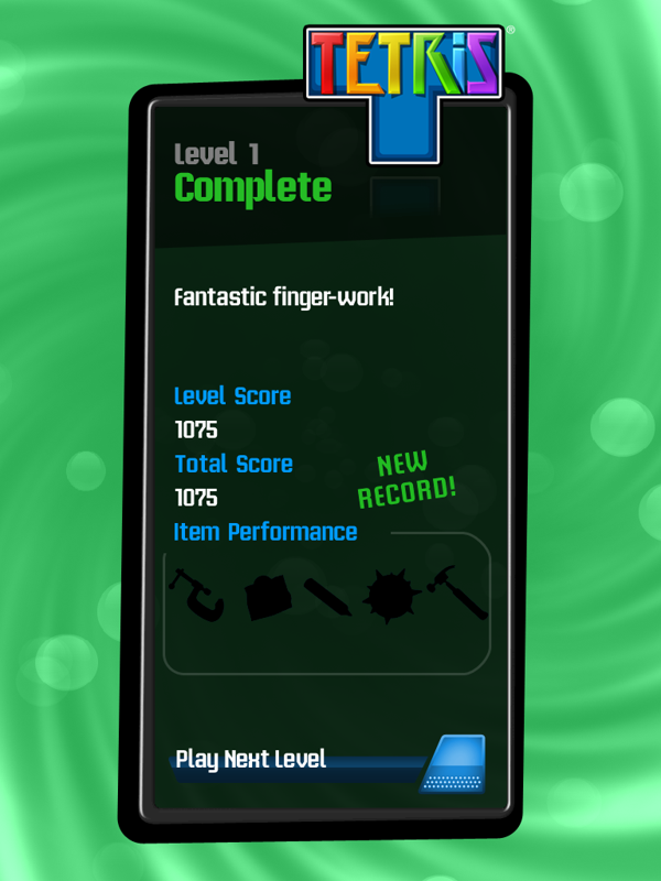 Tetris (iPad) screenshot: Level complete