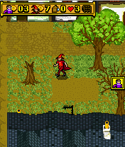 Discworld: The Colour of Magic (J2ME) screenshot: If you leave Twoflower alone, a small icon shows where he is.