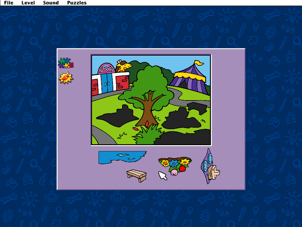 Playskool Puzzles (Windows 3.x) screenshot: Explore it! Reassembling the park.