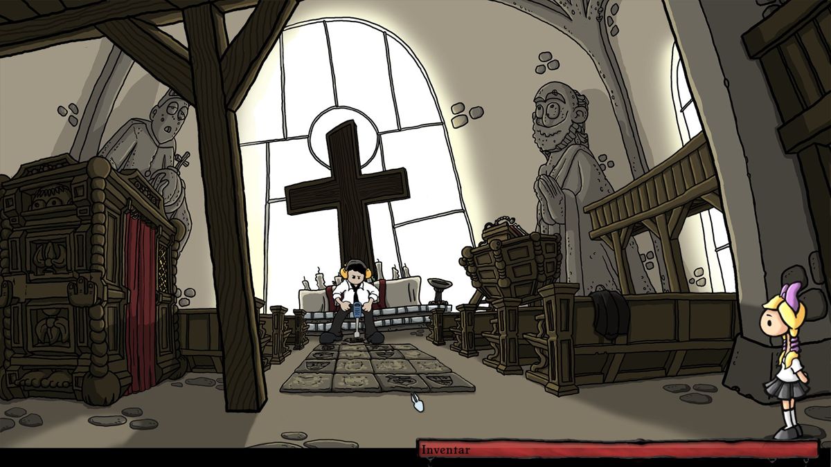 Edna & Harvey: Harvey's New Eyes (Windows) screenshot: The chapel is a dangerous place for drilling. The monstrous wooden cross in the background actually shakes threateningly. Though warning other people doesn't seem to be Lilli's mayor concern.