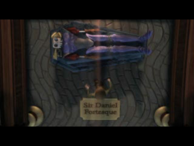 MediEvil II (PlayStation) screenshot: Intro Movie: Sir Dan taking a well deserved rest in the Museum after the first adventure.