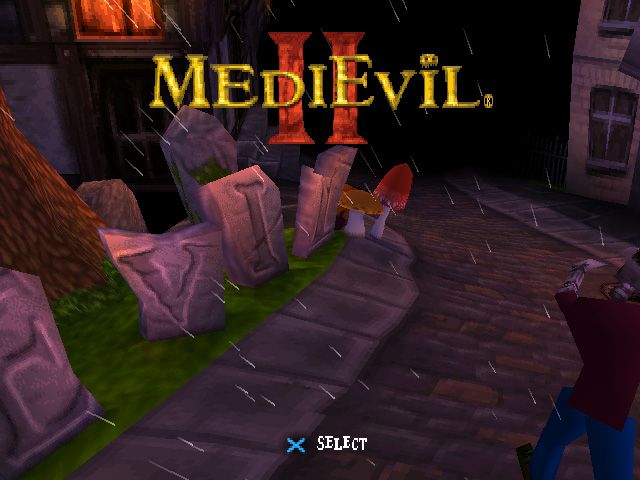 MediEvil II (PlayStation) screenshot: Title Screen: Plays through a fly-by of a graveyard.