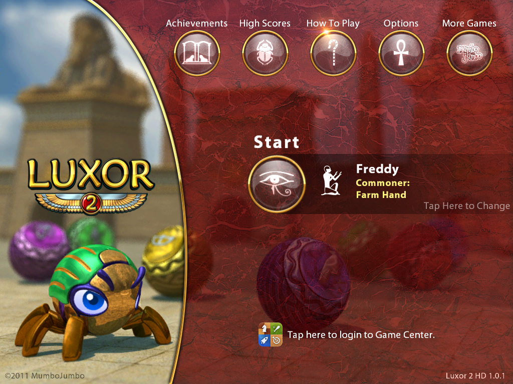 Luxor 2 (iPad) screenshot: Main menu