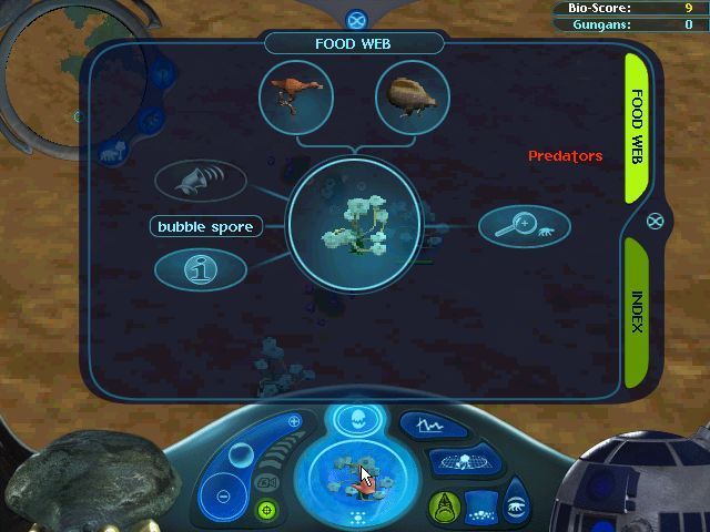 Star Wars: Episode I - The Gungan Frontier (Windows) screenshot: Selecting the bubble spore in the species selector brings up a screen showing what animals eat it.