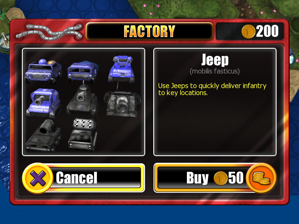 Great Little War Game (iPad) screenshot: In the factory, you can spend your credits to build new vehicles.