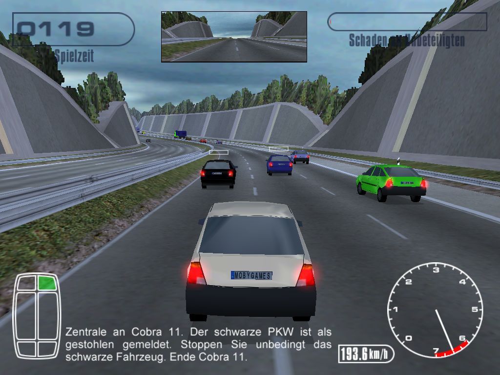Alarm für Cobra 11 (Windows) screenshot: In this mission Cobra 11 has to stop the black car. It has been stolen.