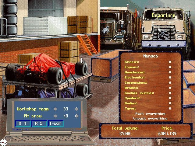 Team F1 (DOS) screenshot: Selecting the Departure option from the main menu, going out via the big windows, leads to this screen where the player decides what car parts to buy & take to the race.
