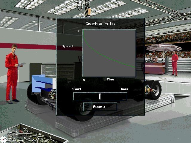 Team F1 (DOS) screenshot: Individual elements can be fine tuned. Here clicking on the car's gearbox brings such an option to the player's attention.