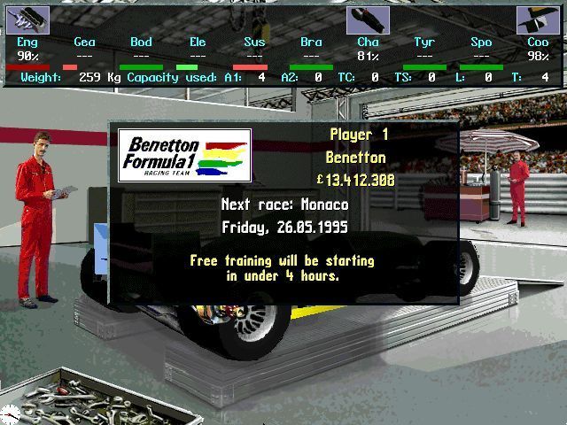 Team F1 (DOS) screenshot: So they're still working on the car and practice starts soon, perhaps I should not have selected 'change cooling system'.